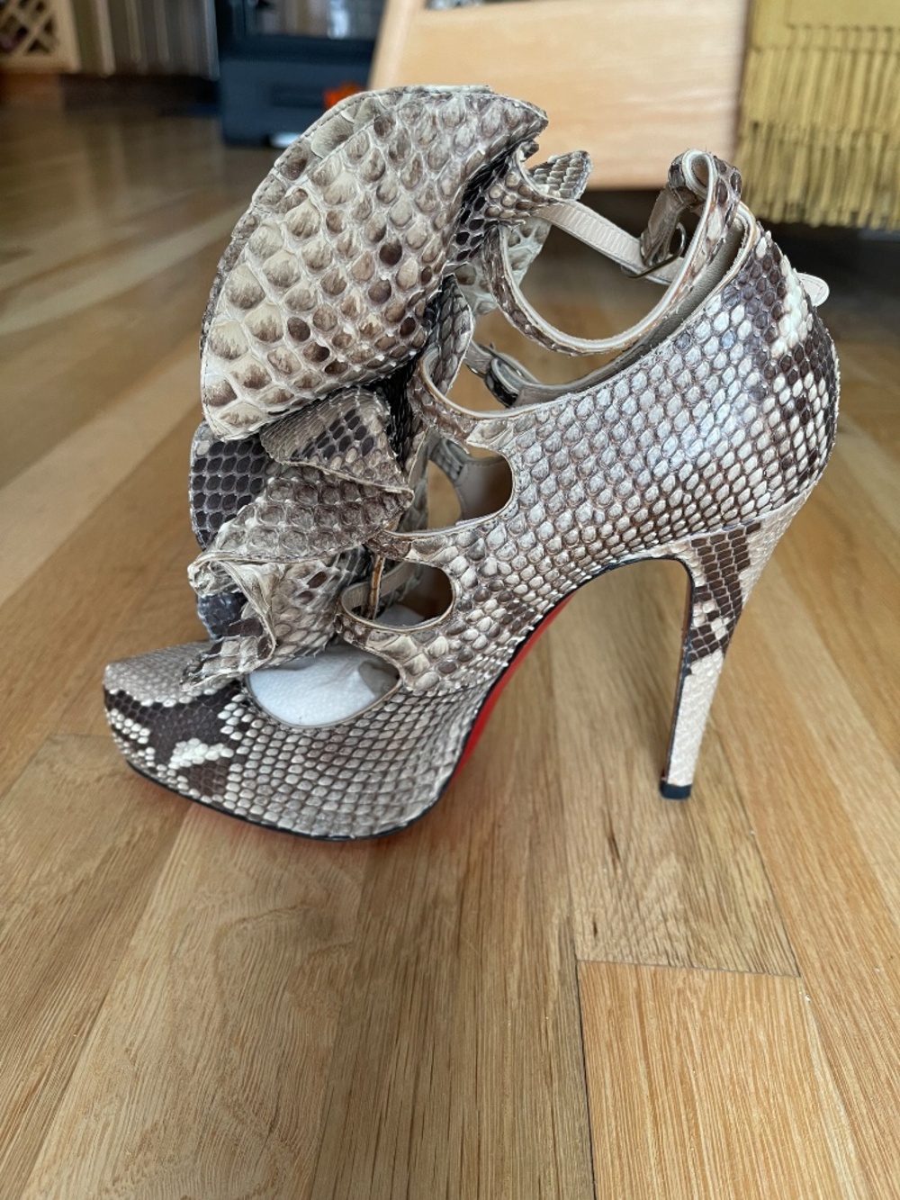 Christian Louboutin Snake-Print Ruffle Ankle Heels in Beige and Brown - Picture 5 of 14